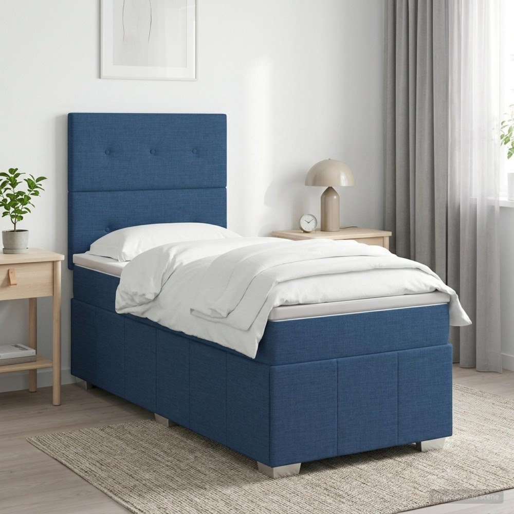 vidaXL Kontinentalsäng med madrass med huvudgavel Blå 90 x 200 cm Tyg