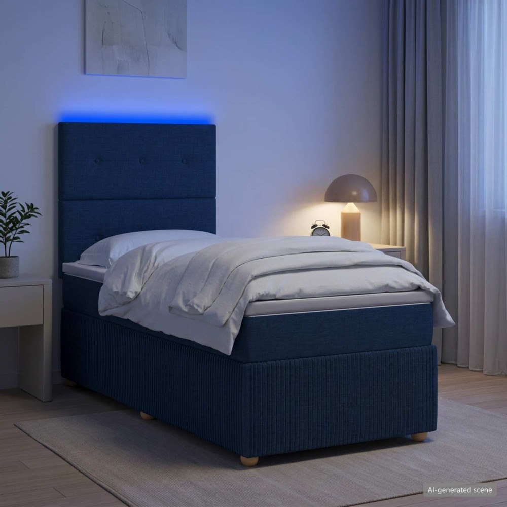 vidaXL LED sängram med madrass med LED-ljusslingor Blå 90 x 190 cm Tyg
