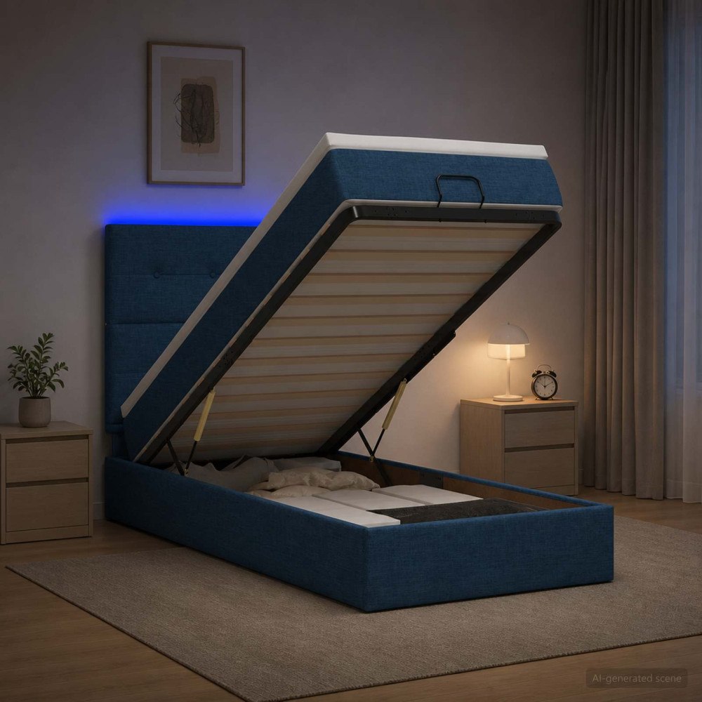 vidaXL Ottoman-säng med madrass och LED Blå 90 x 190 cm Tyg