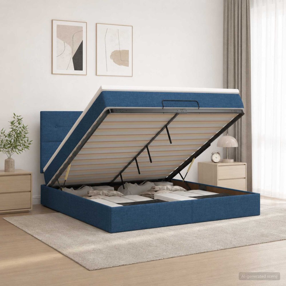 vidaXL Ottoman-säng med madrass och LED Blå 180 x 200 cm Tyg