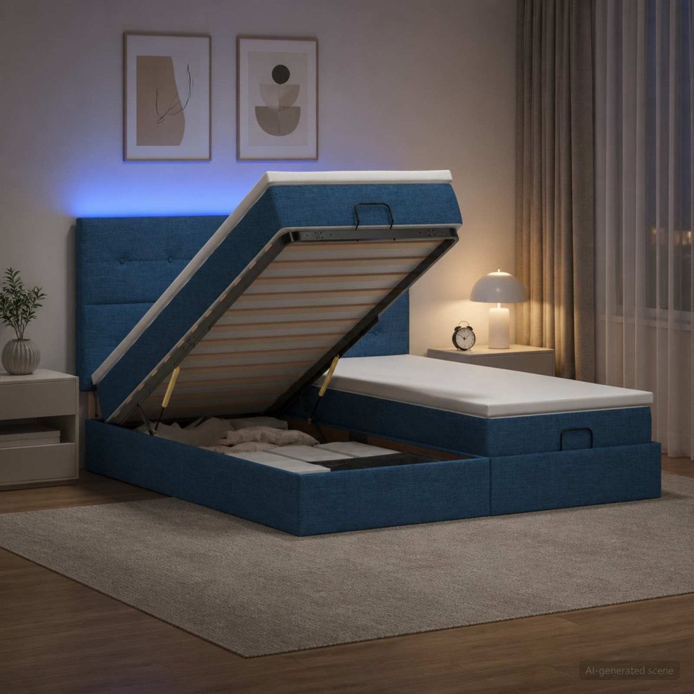 vidaXL Ottoman-säng med madrass och LED Blå 180 x 200 cm Tyg