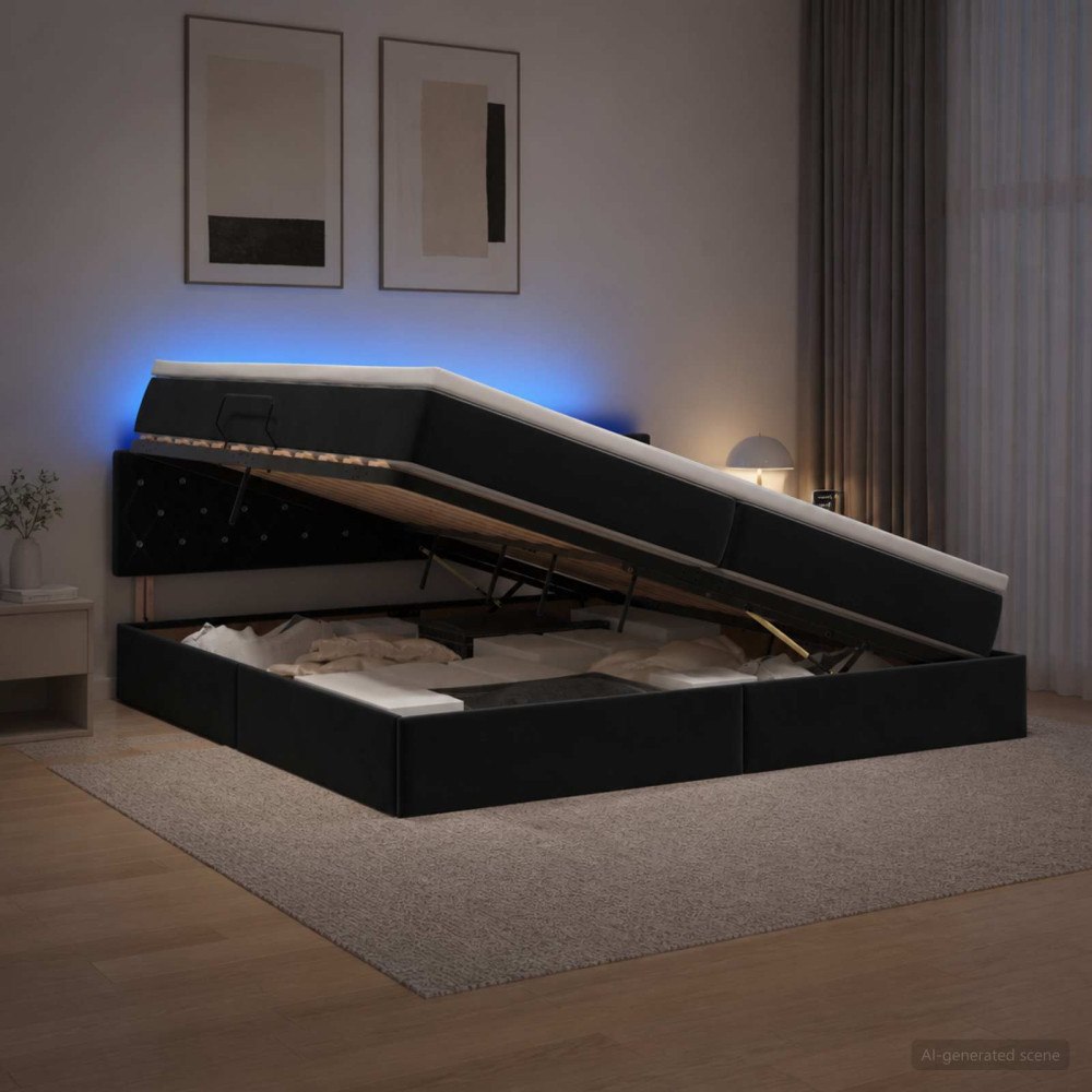 vidaXL LED förvaringssäng med madrass Svart 200 x 200 cm Sammet