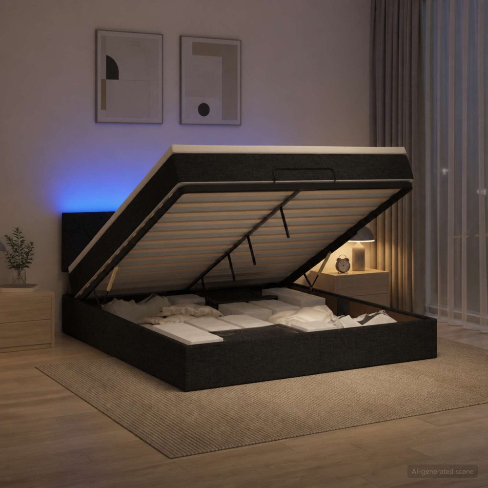 vidaXL Ottoman-säng med madrass och LED Svart 160 x 200 cm Tyg
