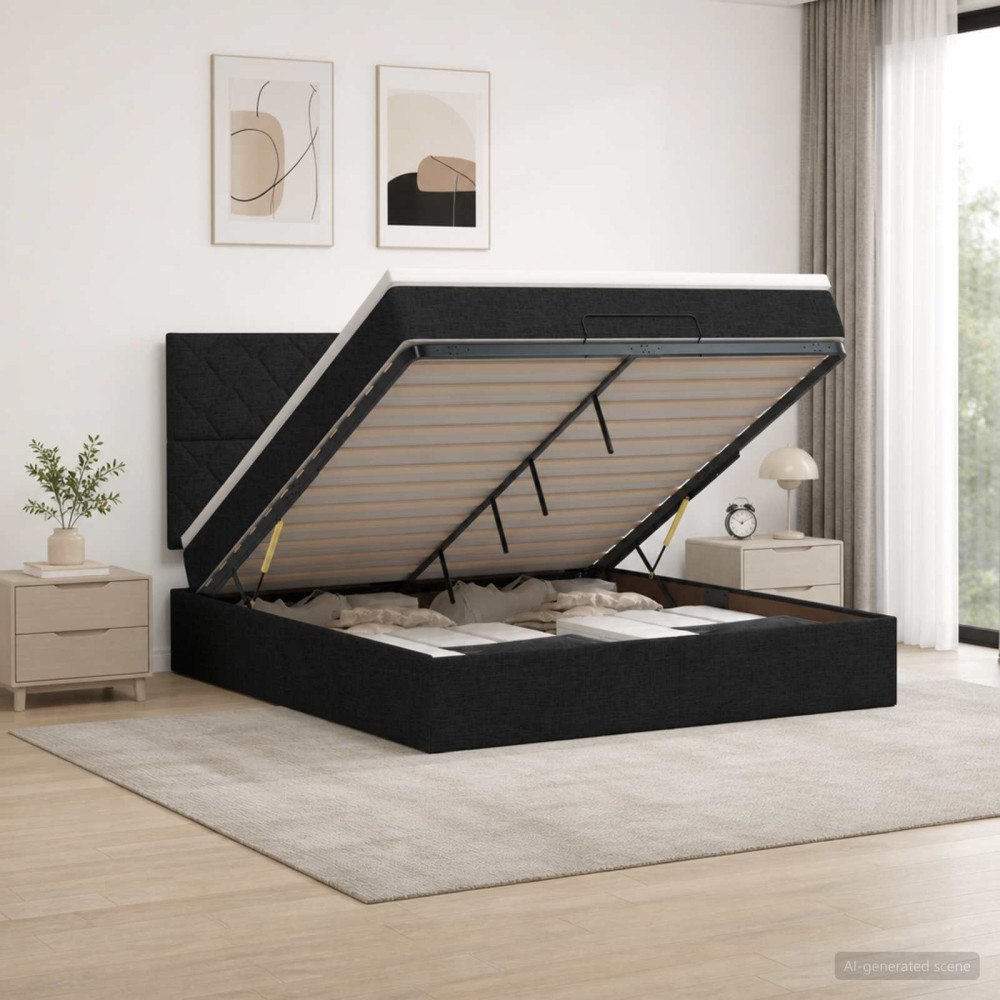 vidaXL Ottoman säng med madrass med huvudgavel Svart 160 x 200 cm Tyg