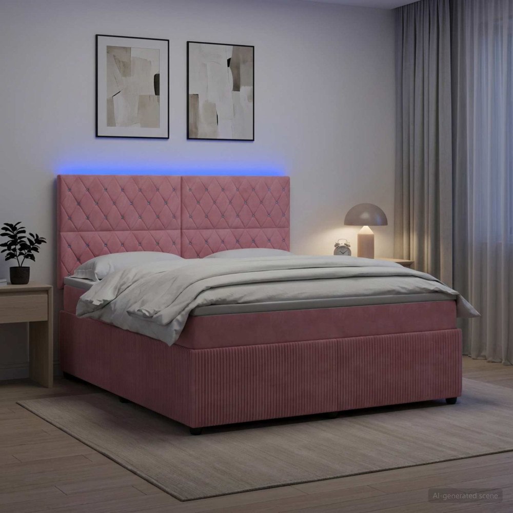 vidaXL LED sängram med madrass med huvudgavel Rosa 160 x 200 cm Sammet