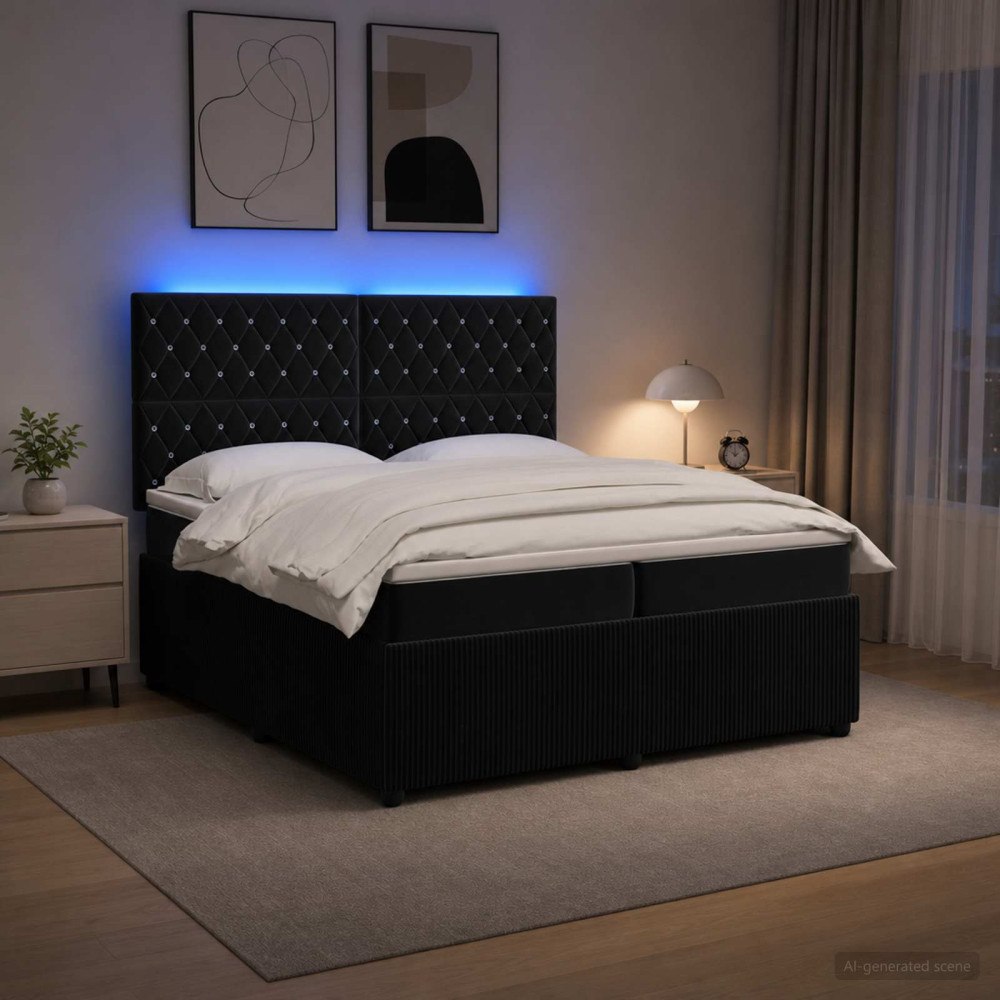 vidaXL LED sängram med madrass Svart 200 x 200 cm Sammet