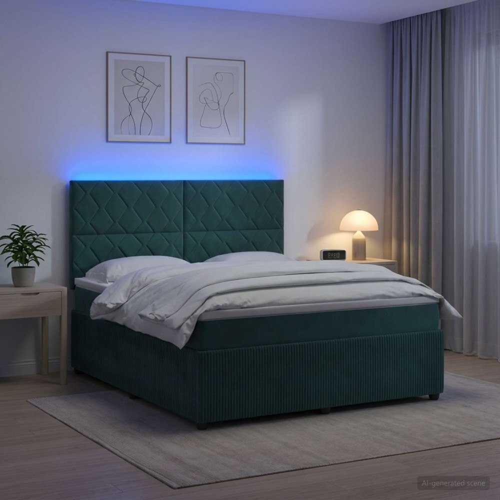 vidaXL LED sängram med madrass Mörkgrön 180 x 200 cm Sammet
