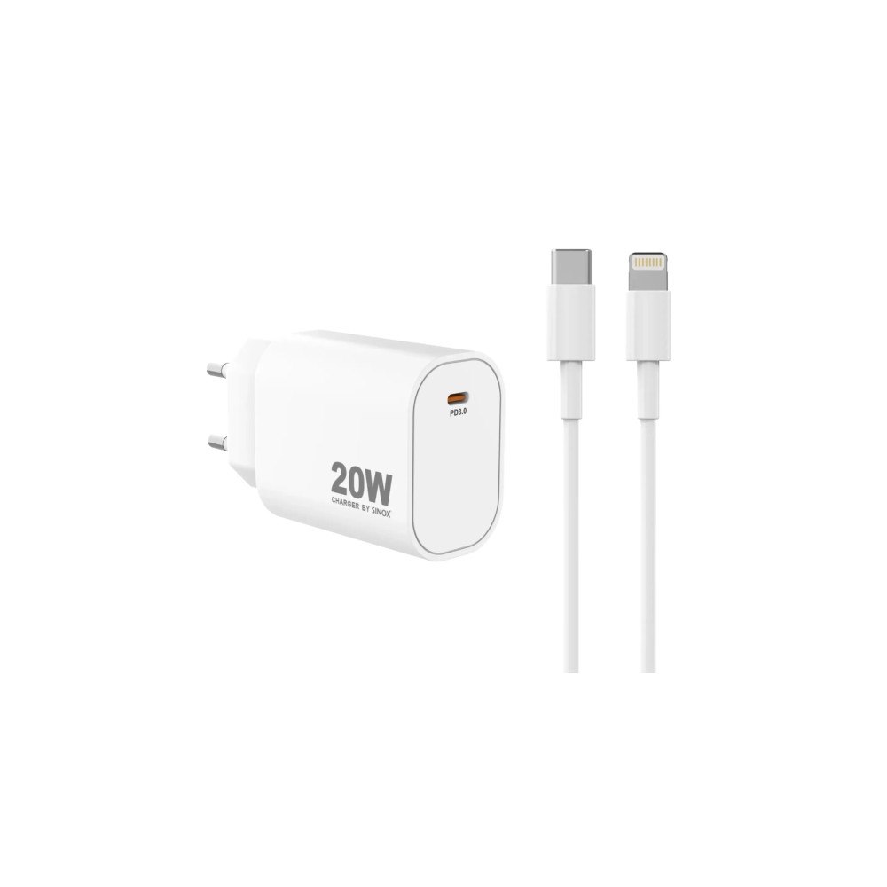 Sinox beslag Sinox PRO väggladdare USB-C PD 20W med Lightning kabel. Vit,...