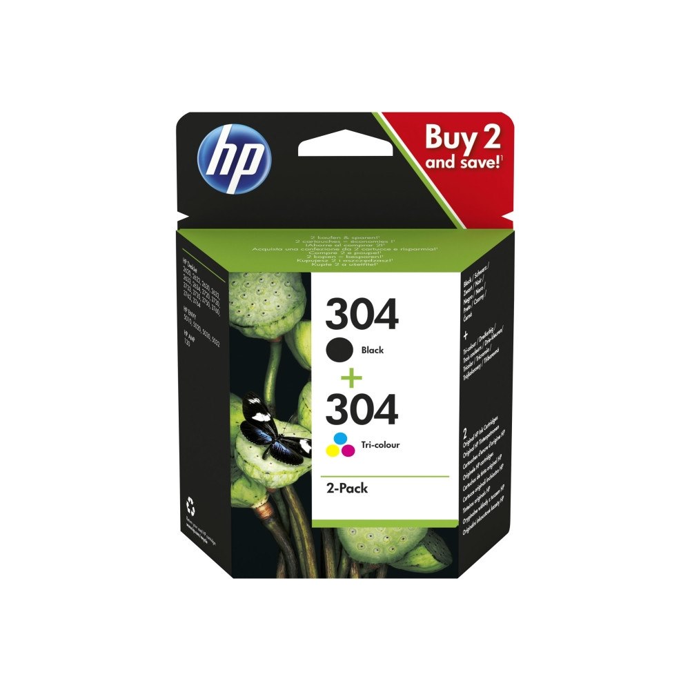 HP HP 304 - 2-pack - svartfärgad, färg (cyan, magenta, gul) - original - bläckpatron
