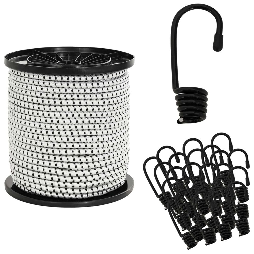 vidaXL Bungee-rep med krokar 4 mm Svart och Vitt PP och gummi
