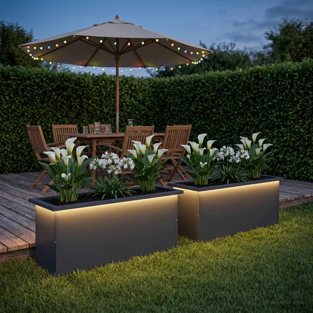 vidaXL Odlingslåda med LED 2 st Antracit 30 x 100 x 30 cm Stål