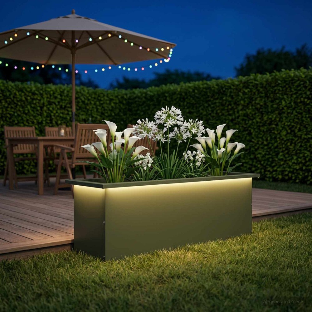 vidaXL Odlingslåda med LED Olivgrön 30 x 100 x 30 cm Stål