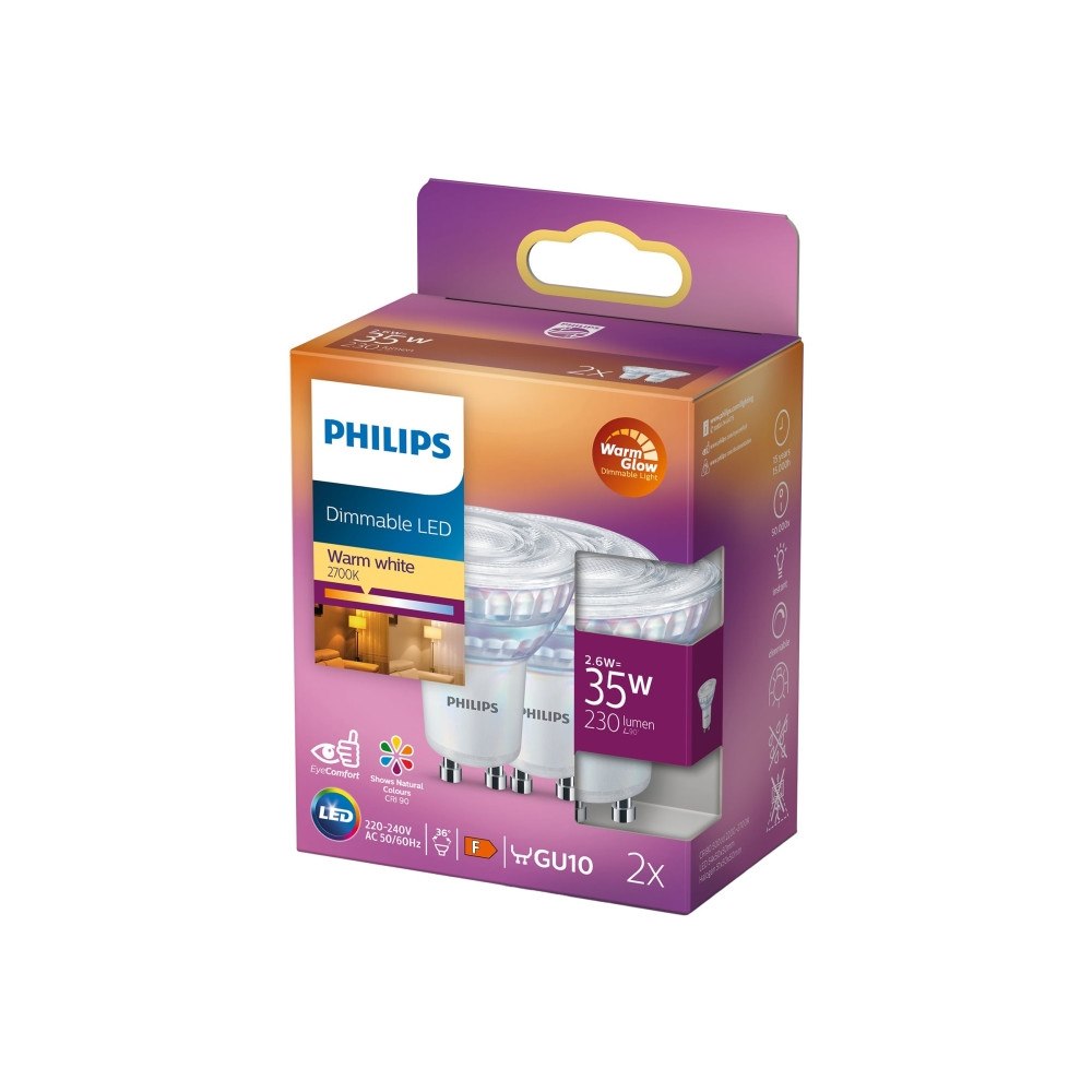 Philips Philips - LED-spotlight - GU10 - 2.6 W - varmt vitt ljus - 2200-2700 K (paket om 2)