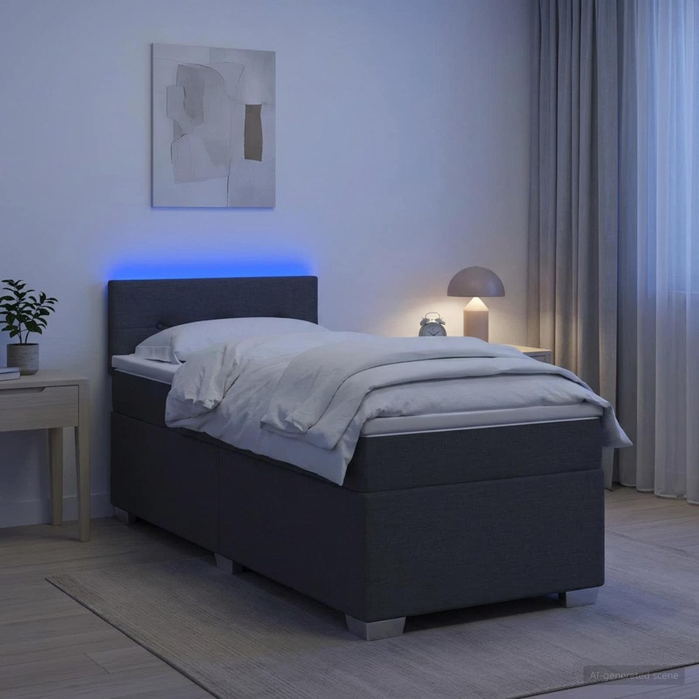 vidaXL Boxspring säng med madrass och LED Mörkgrå 90 x 200 cm Tyg