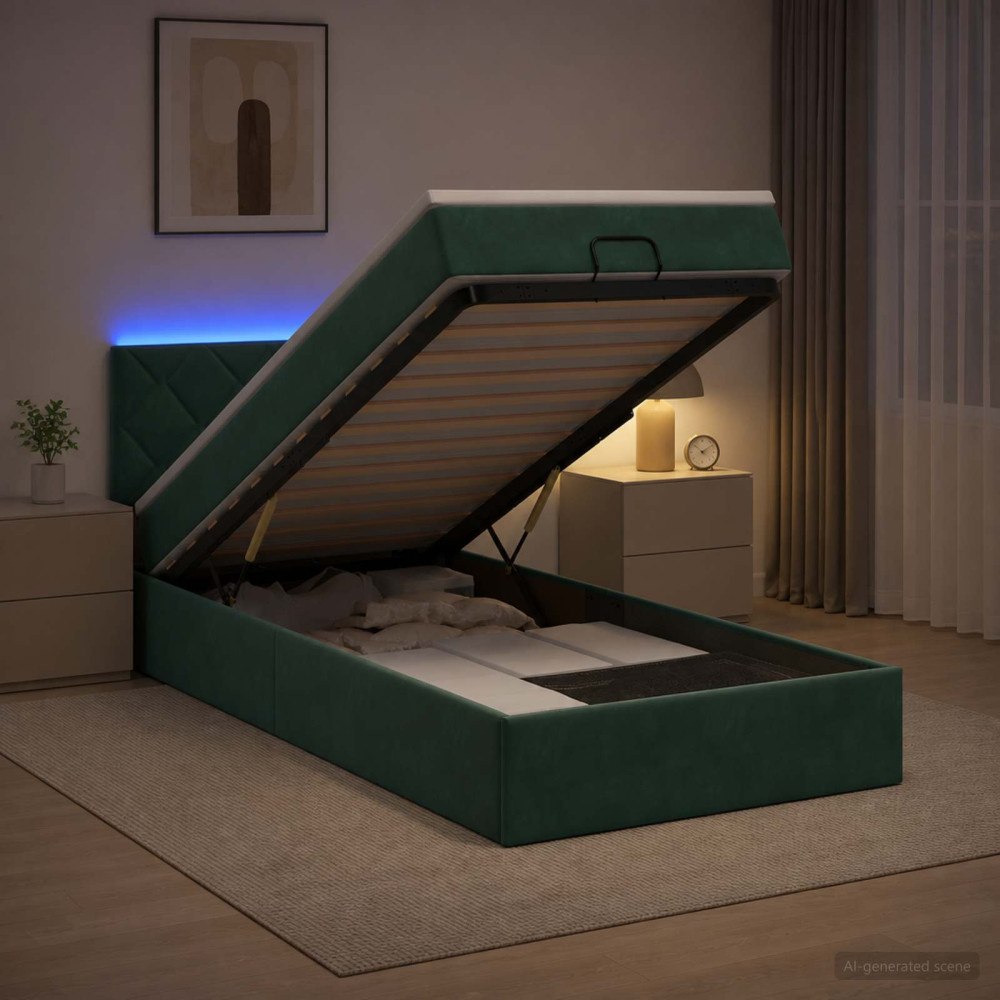 vidaXL Ottoman-säng med madrass och LED Mörkgrön 100 x 200 cm Sammet