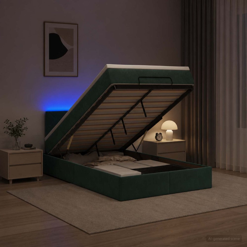 vidaXL Ottoman-säng med madrass och LED Mörkgrön 120 x 190 cm Sammet
