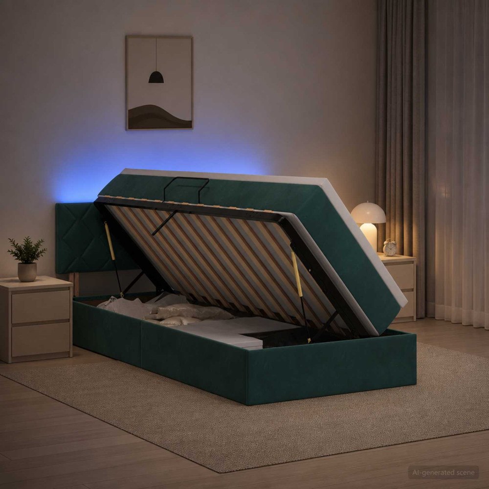 vidaXL LED förvaringssäng med madrass Mörkgrön 100 x 200 cm Sammet