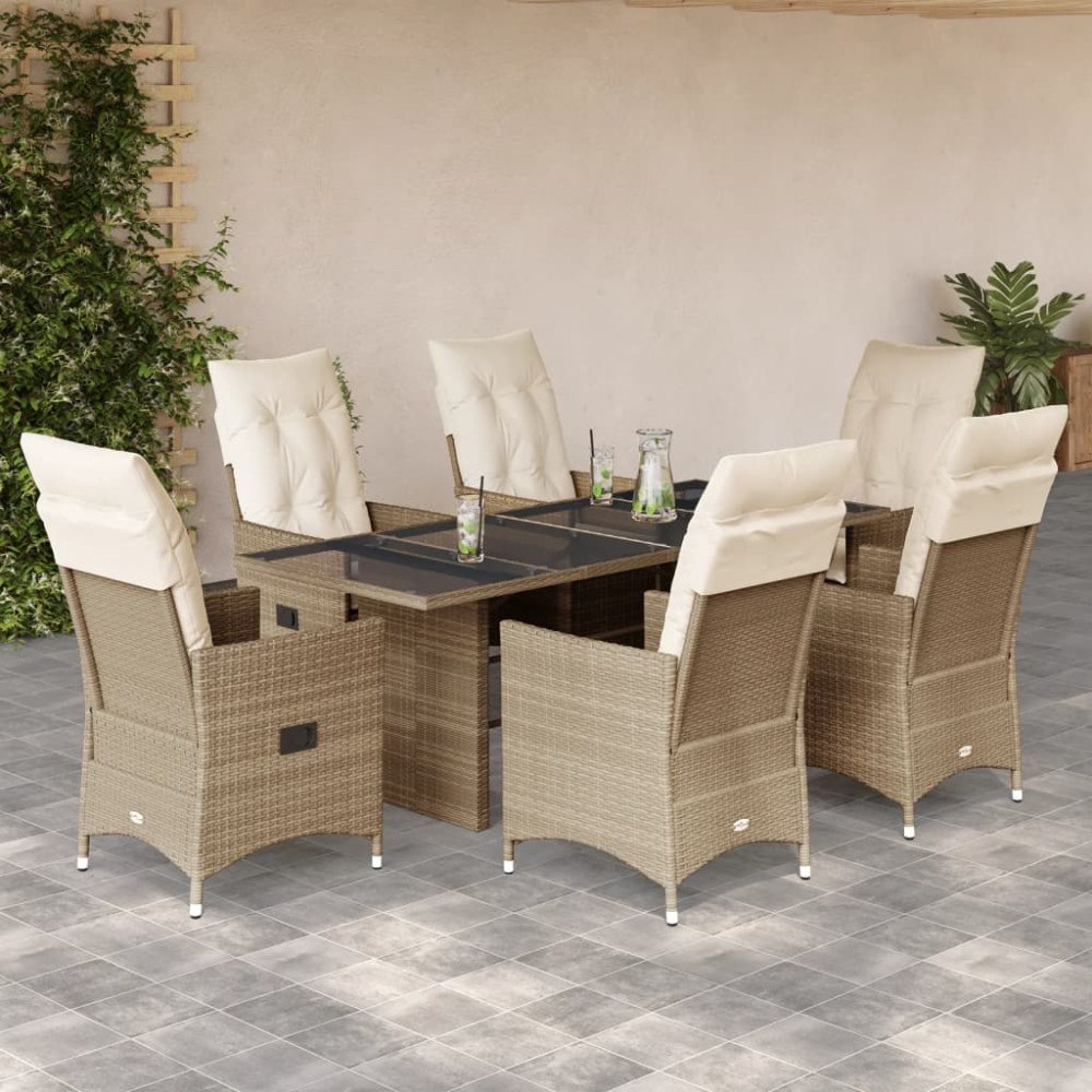 vidaXL Matgrupp för trädgården med dynor 7 delar beige konstrotting