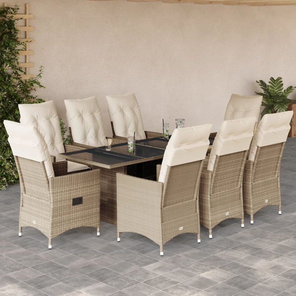 vidaXL Matgrupp för trädgården med dynor 9 delar beige konstrotting