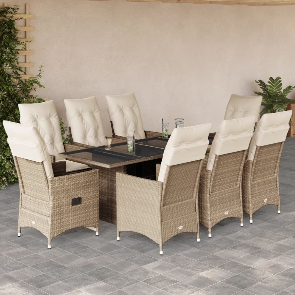 vidaXL Matgrupp för trädgården med dynor 9 delar beige konstrotting