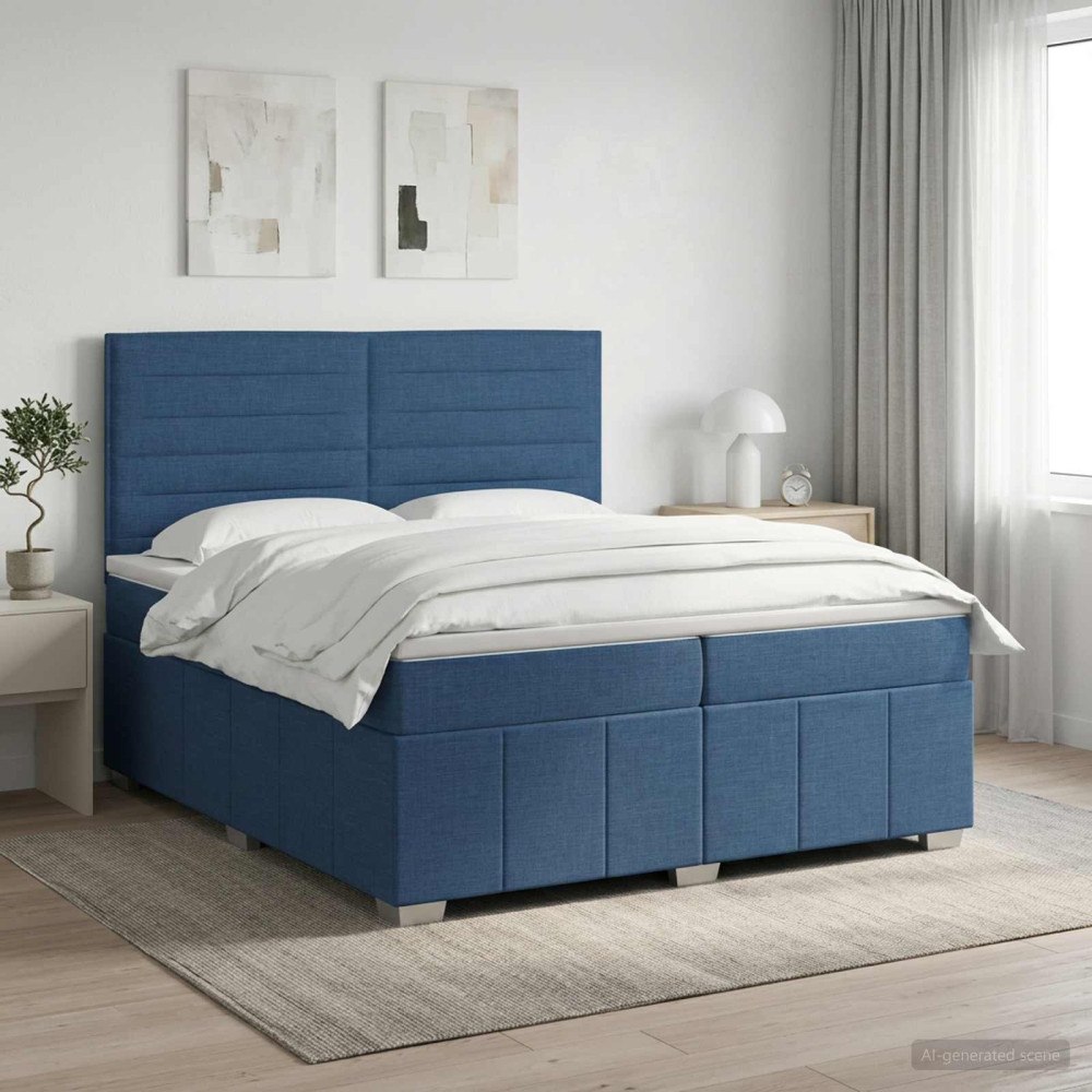 vidaXL Kontinentalsäng med madrass med huvudgavel Blå 200 x 200 cm Tyg