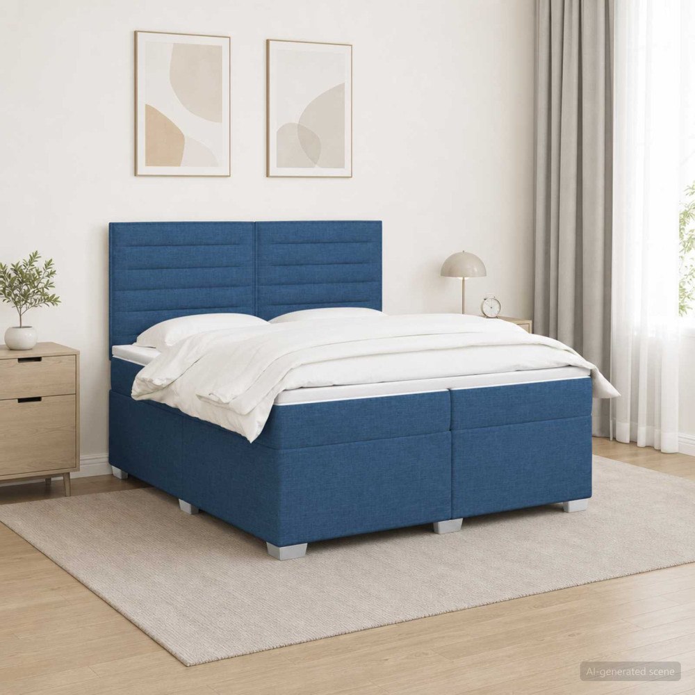 vidaXL Kontinentalsäng med madrass med huvudgavel Blå 200 x 200 cm Tyg
