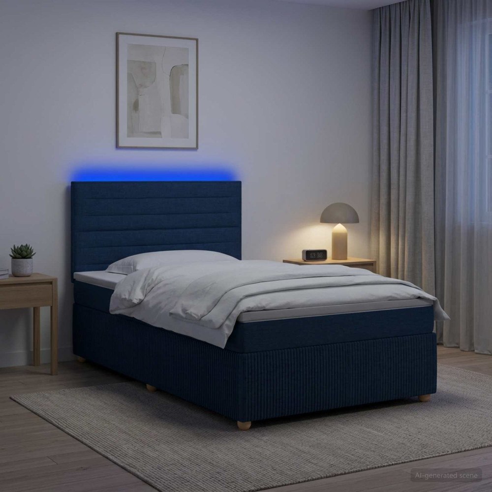 vidaXL LED sängram med madrass med huvudgavel Blå 100 x 200 cm Tyg