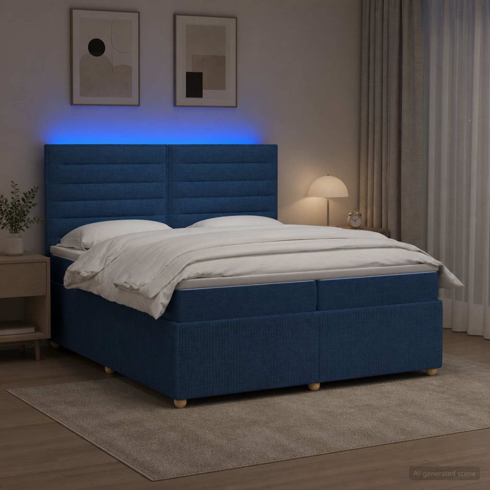 vidaXL LED sängram med madrass med huvudgavel Blå 200 x 200 cm Tyg