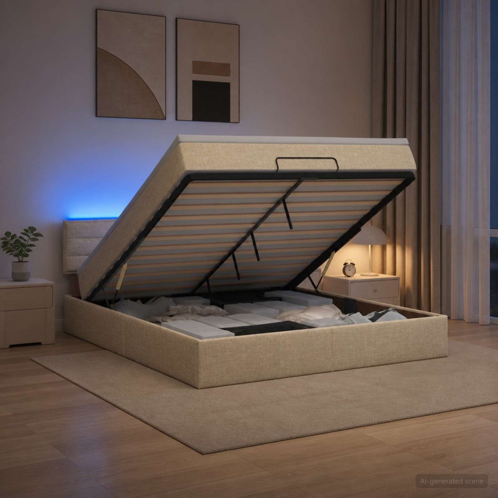 vidaXL Ottoman-säng med madrass och LED Gräddvit 160 x 200 cm Tyg