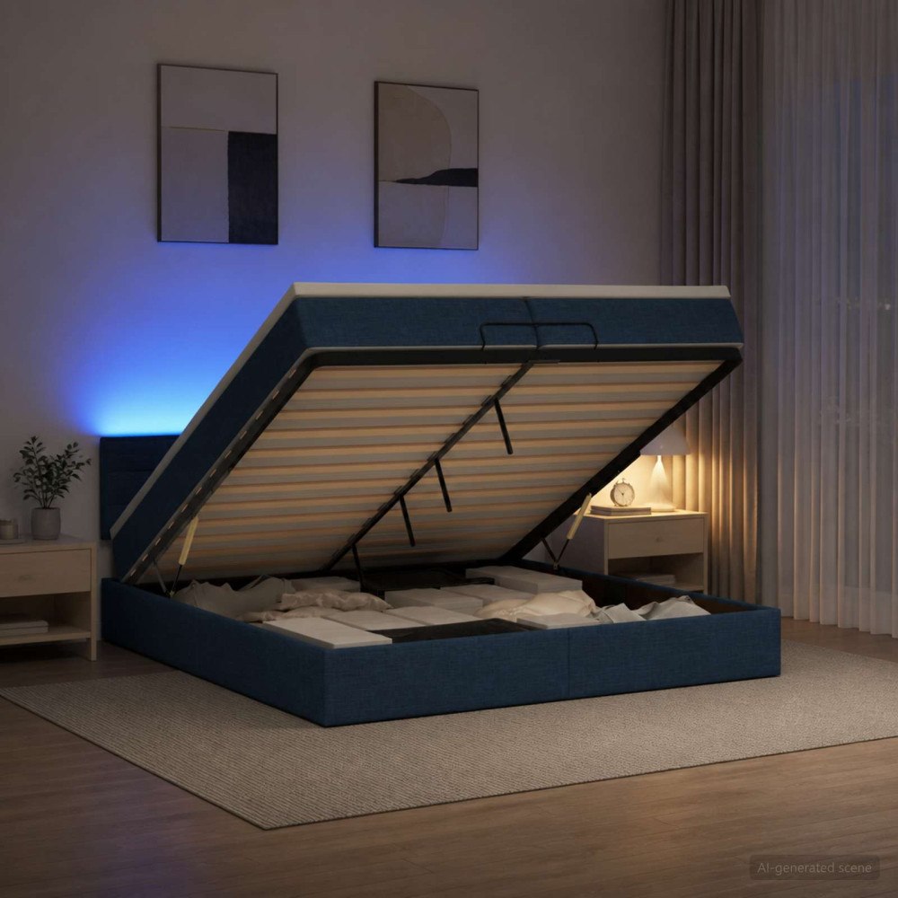 vidaXL Ottoman-säng med madrass och LED Blå 200 x 200 cm Tyg
