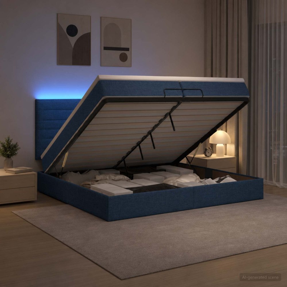 vidaXL Ottoman-säng med madrass och LED Blå 200 x 200 cm Tyg