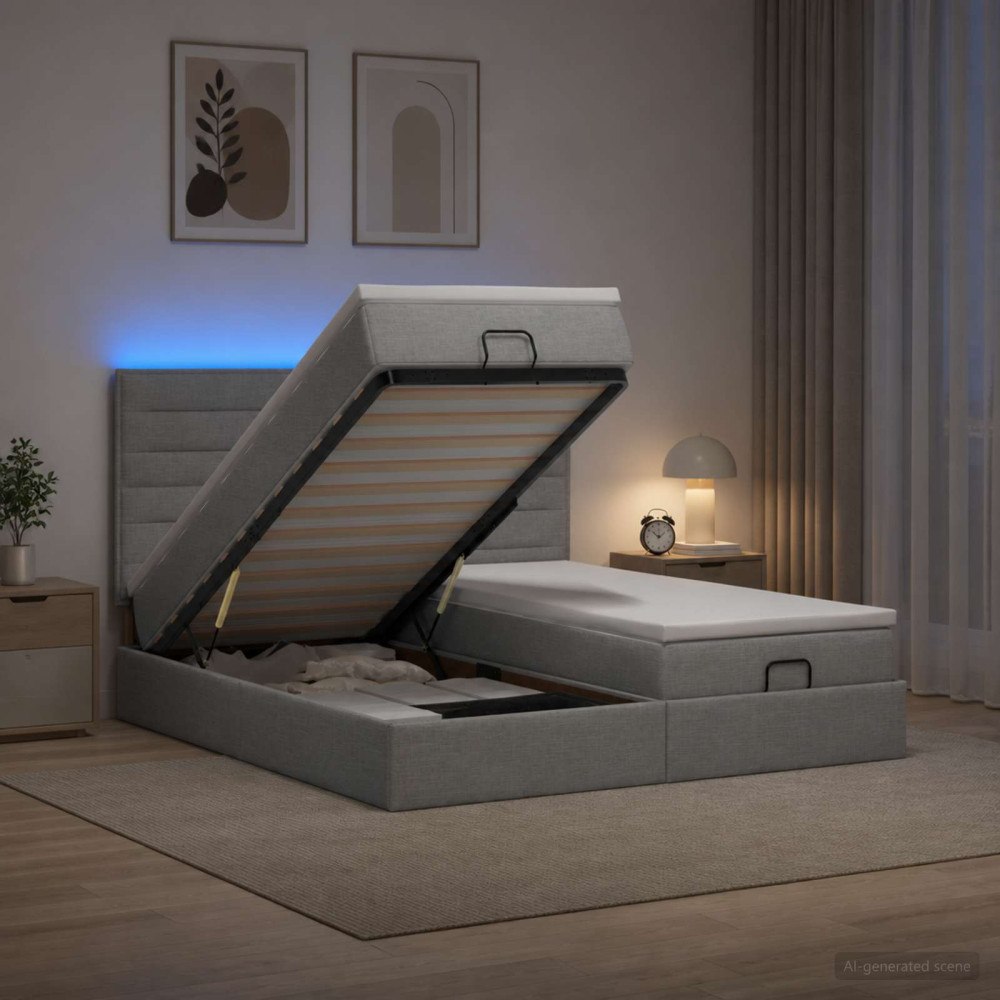 vidaXL Ottoman-säng med madrass och LED Ljusgrå 180 x 200 cm Tyg