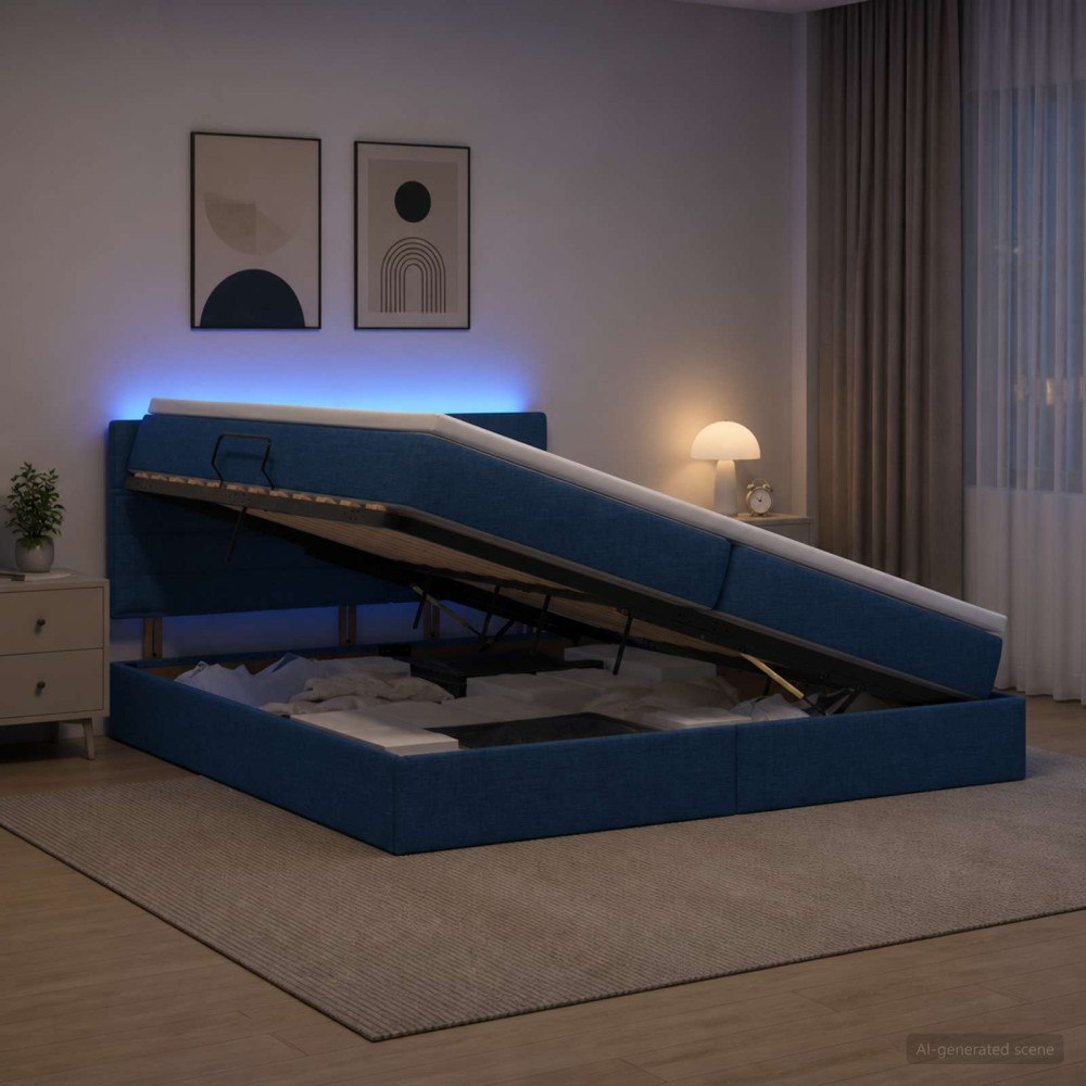 vidaXL LED förvaringssäng med madrass Blå 200 x 200 cm Tyg