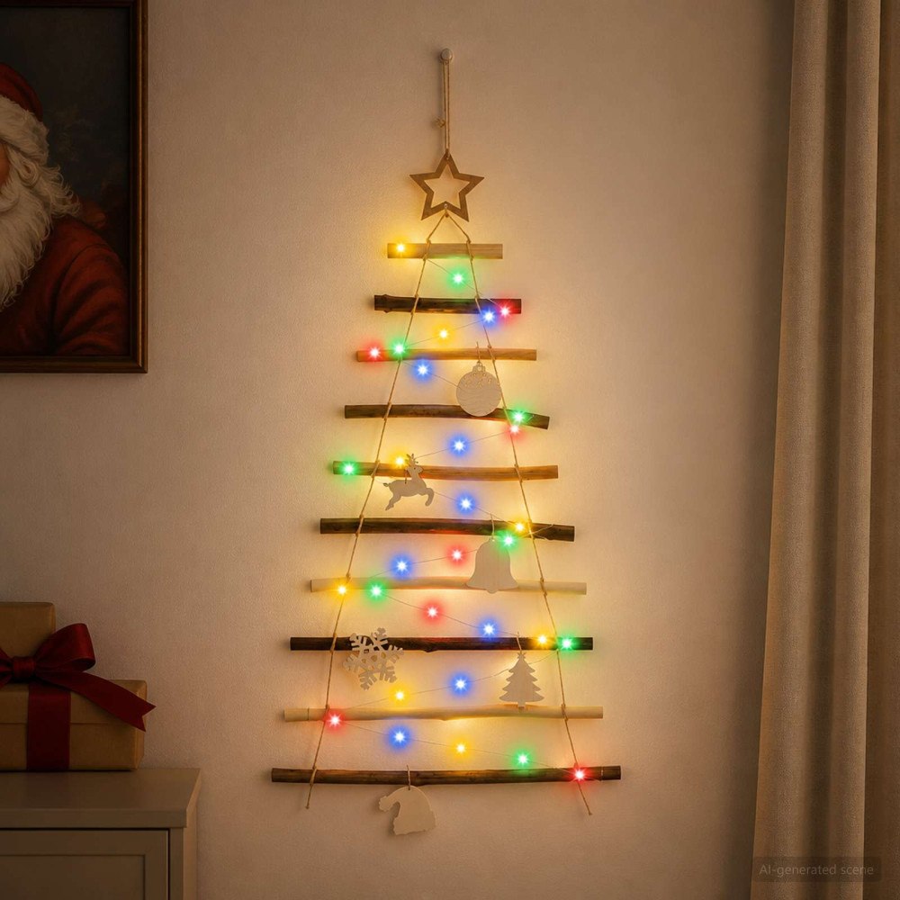 vidaXL Hängande julgran 90 cm 30 LED-lampor Mångfärgad Massivt askträ