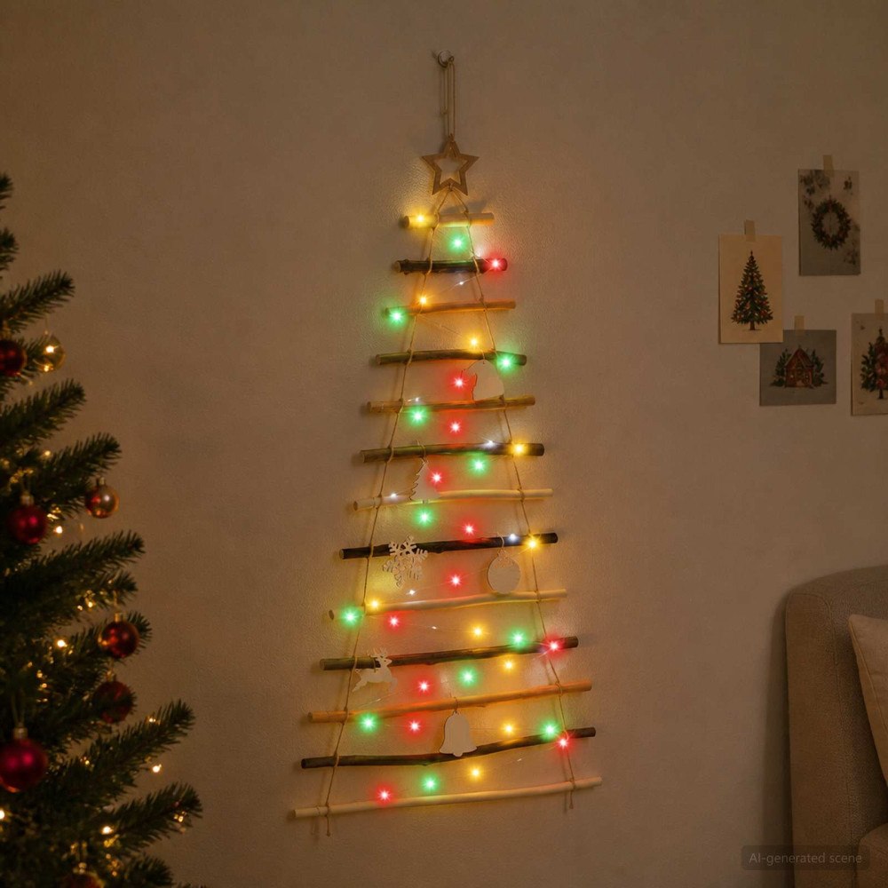 vidaXL Hängande julgran 120 cm 50 LED-lampor Mångfärgad Massivt askträ