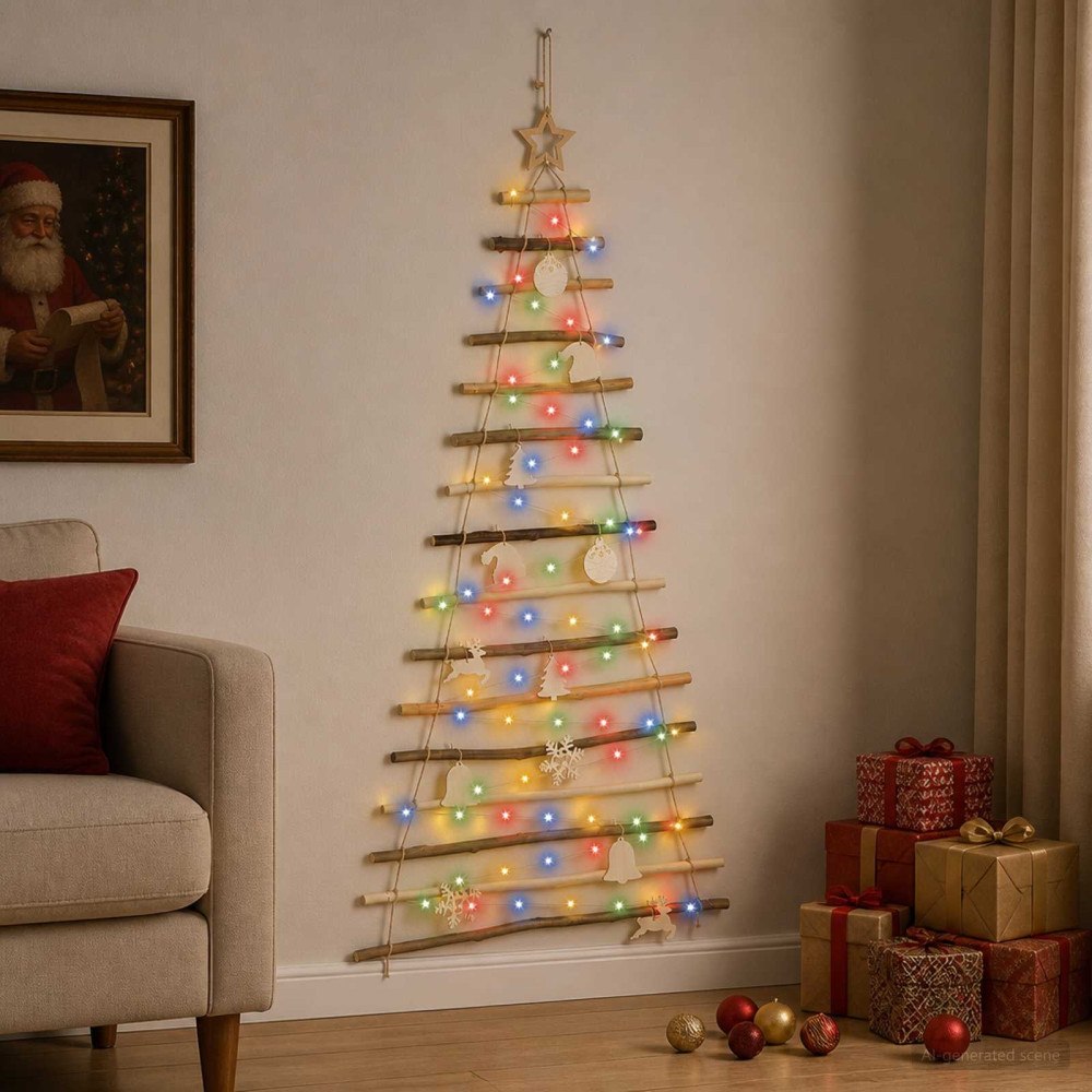 vidaXL Hängande julgran 150 cm 80 LED-lampor Mångfärgad Massivt askträ