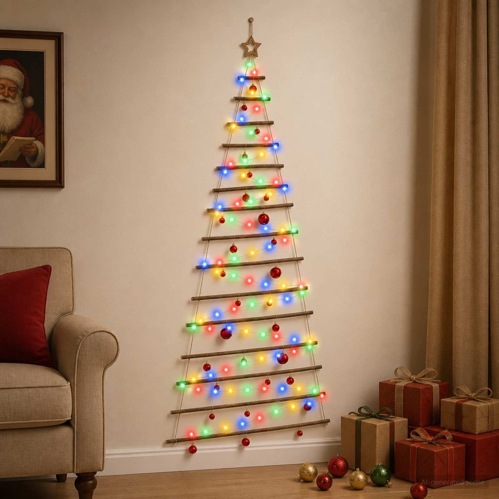 vidaXL Hängande julgran med kulor 210 cm 130 LED-lampor Mångfärgad