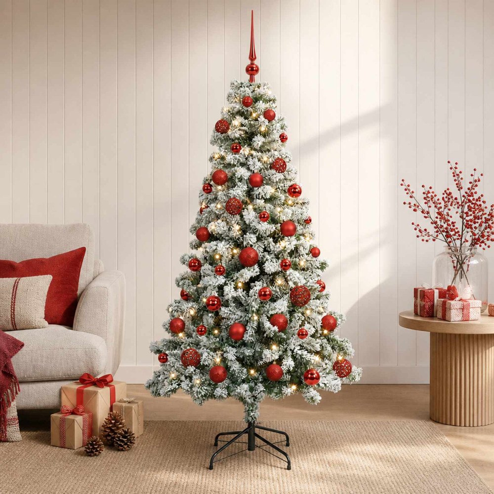 vidaXL Konstgjord julgran med kulor 120 cm 150 LED-lampor Varmvit