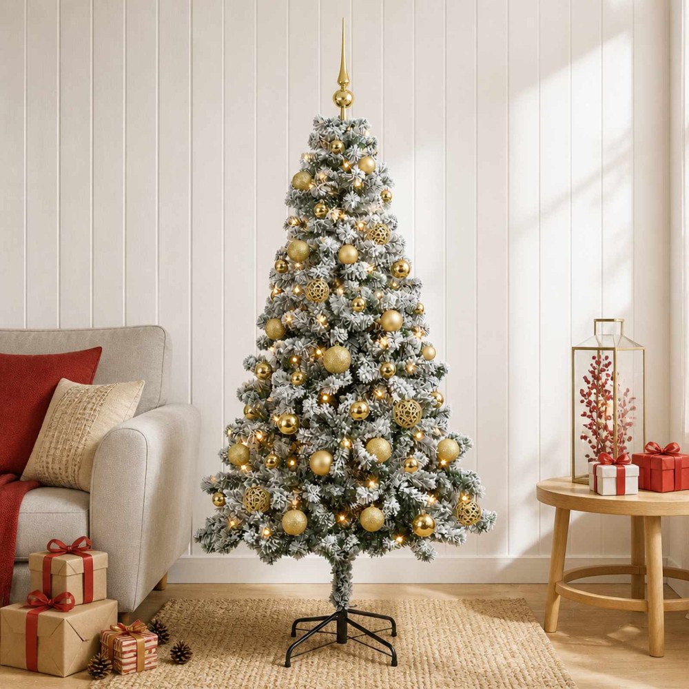 vidaXL Konstgjord julgran med kulor 120 cm 150 LED-lampor Varmvit