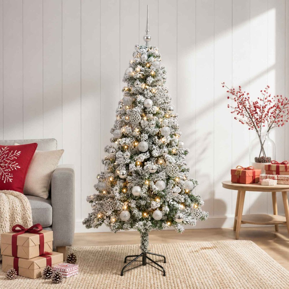 vidaXL Konstgjord julgran med kulor 120 cm 150 LED-lampor Varmvit