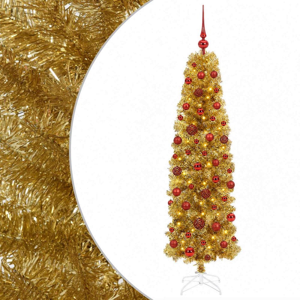 vidaXL Konstgjord smal julgran med kulor 180 cm 300 LED-lampor Varmvit