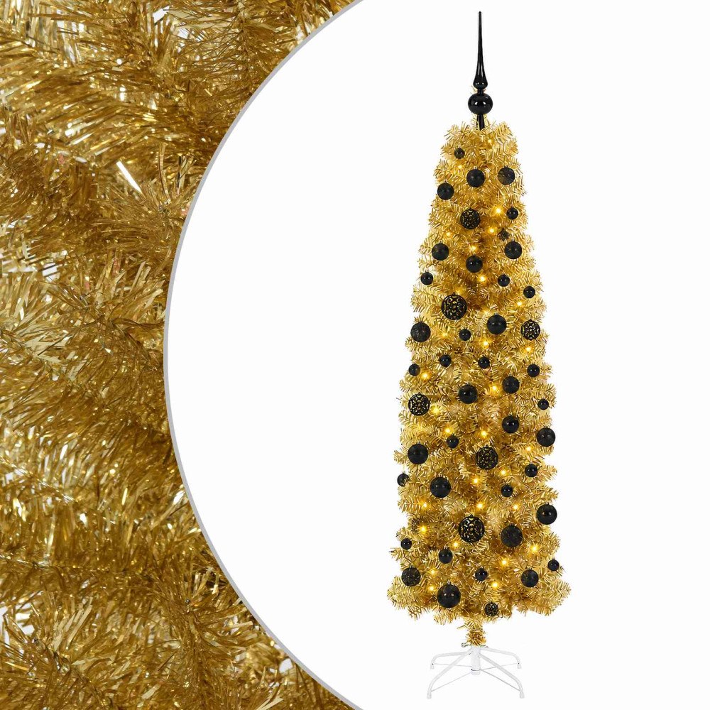 vidaXL Konstgjord smal julgran med kulor 180 cm 300 LED-lampor Varmvit