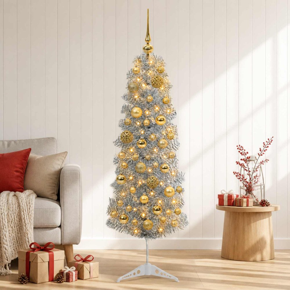 vidaXL Smal konstgjord julgran med julkulor 150 cm 150 LED-lampor