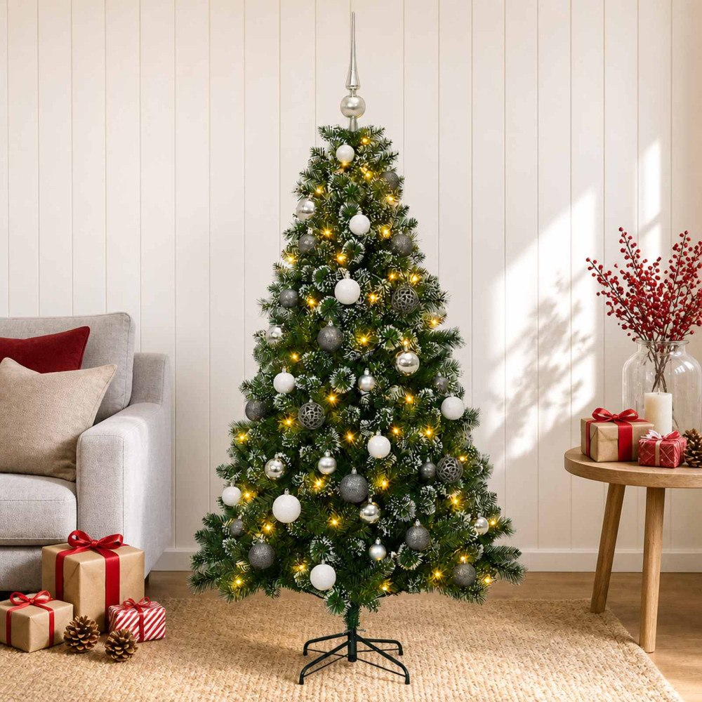 vidaXL Konstgjord julgran med julkulor 150 cm 150 LED-lampor Varmvit