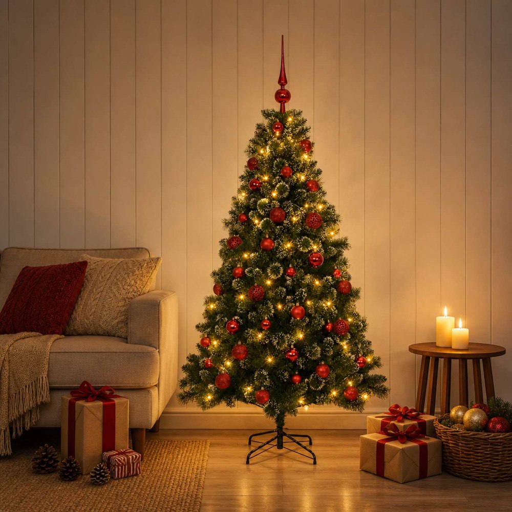 vidaXL Konstgjord julgran med julkulor 120 cm 150 LED-lampor Varmvit