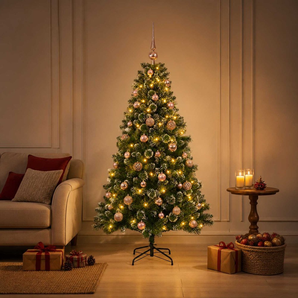 vidaXL Konstgjord julgran med julkulor 150 cm 150 LED-lampor Varmvit