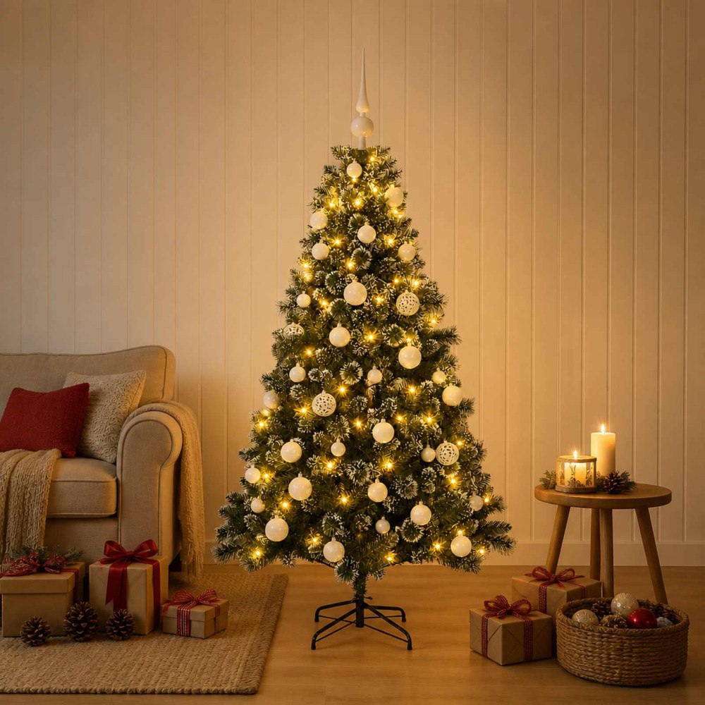 vidaXL Konstgjord julgran med julkulor 120 cm 150 LED-lampor Varmvit