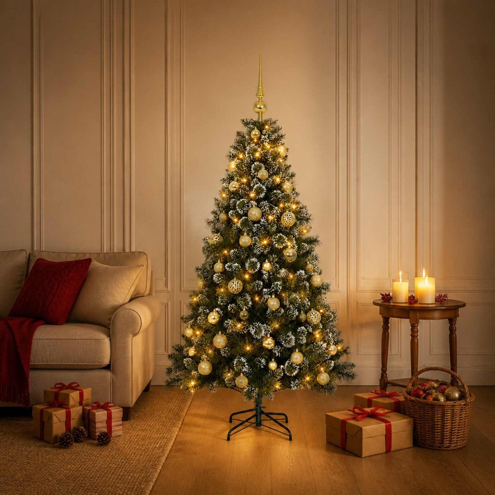 vidaXL Konstgjord julgran med julkulor 150 cm 150 LED-lampor Varmvit