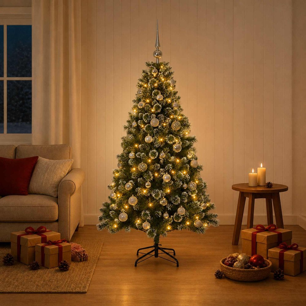 vidaXL Konstgjord julgran med julkulor 150 cm 150 LED-lampor Varmvit