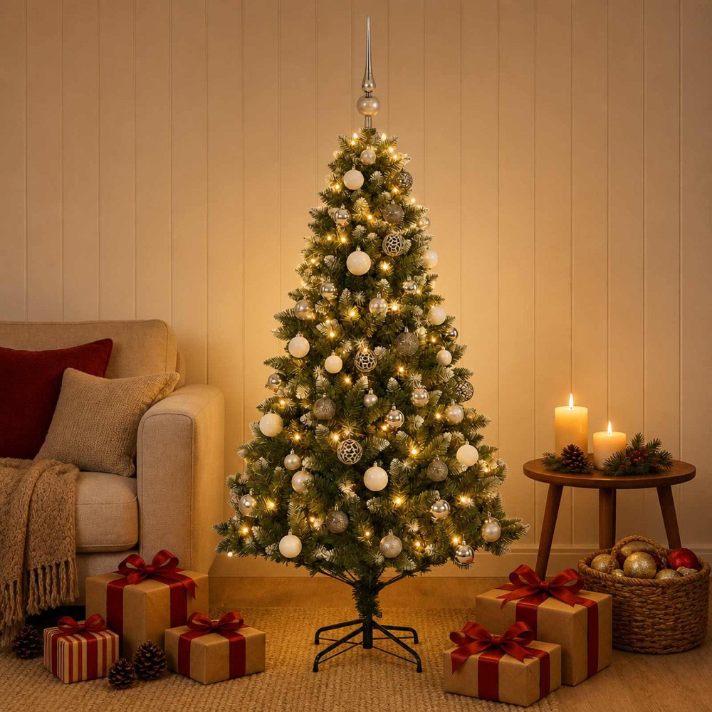 vidaXL Konstgjord julgran med kulor 150 cm 150 LED-lampor Varmvit